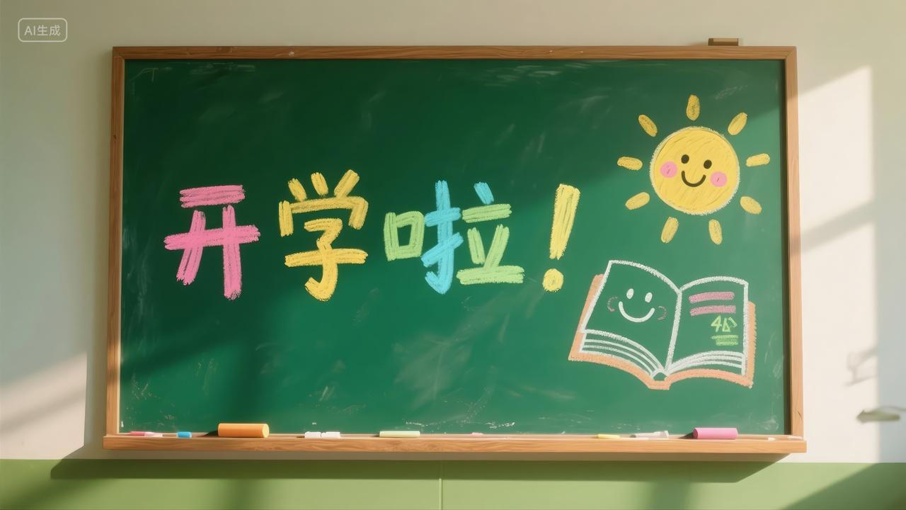 开学啦黑板粉笔画卡通太阳校园教育背景