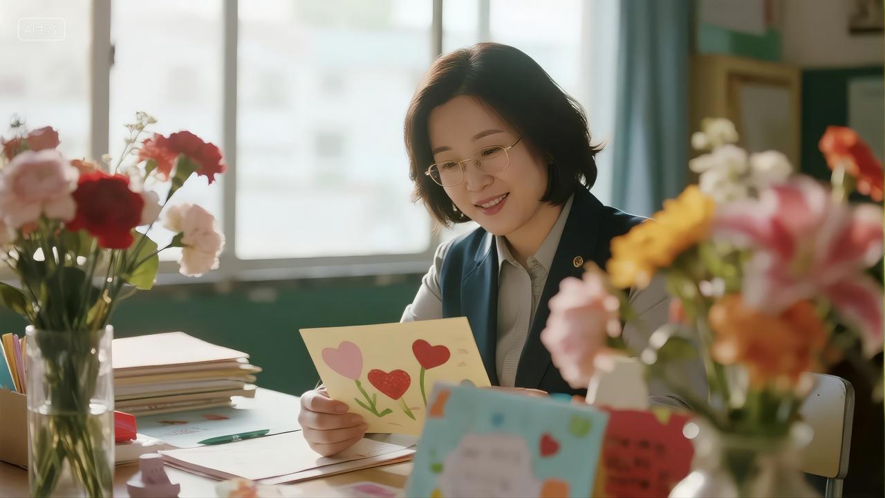 教师节女老师阅读贺卡感动微笑背景图