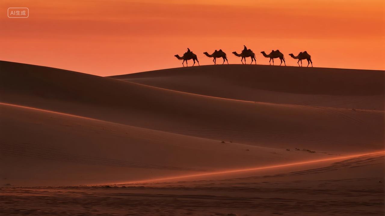 沙漠驼队日落黄昏一带一路旅游壮丽背景