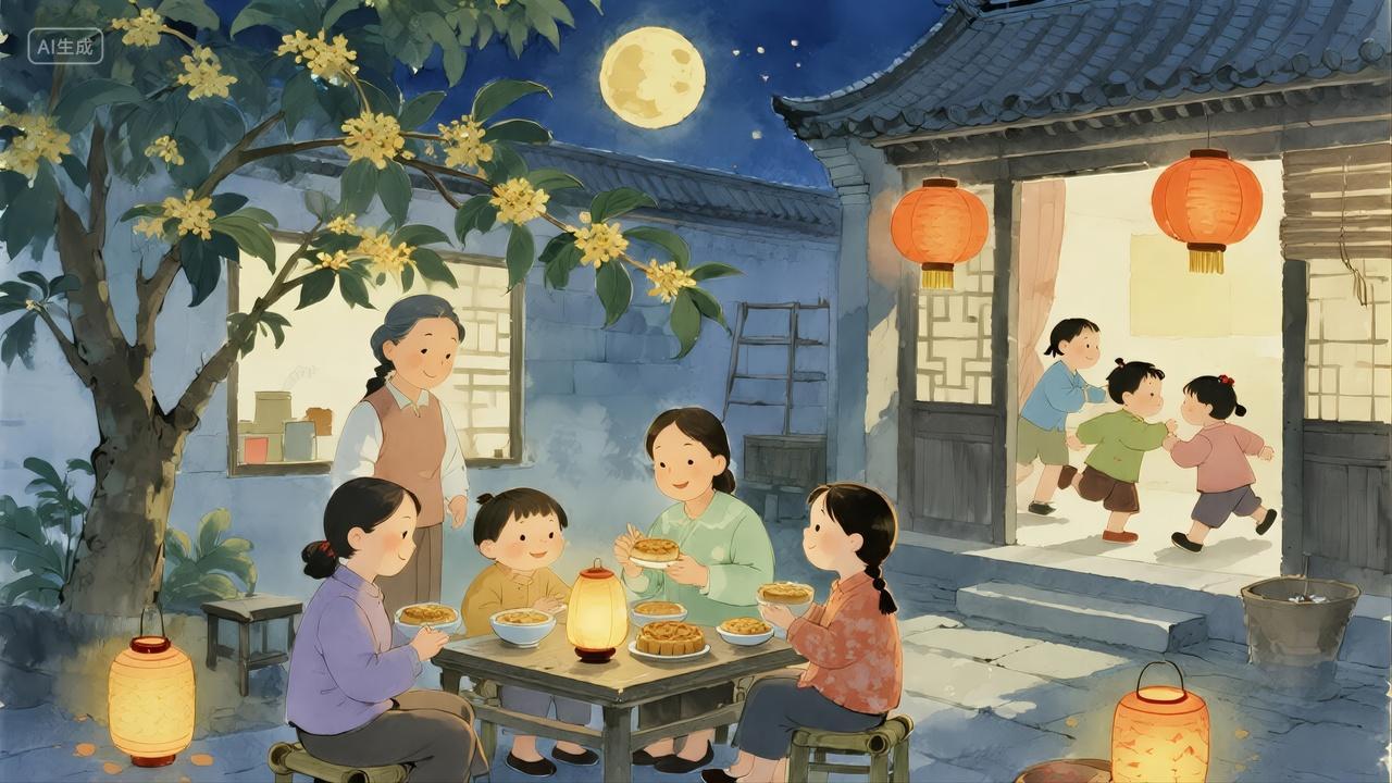 中秋节秋分节气庭院赏月团圆插画背景