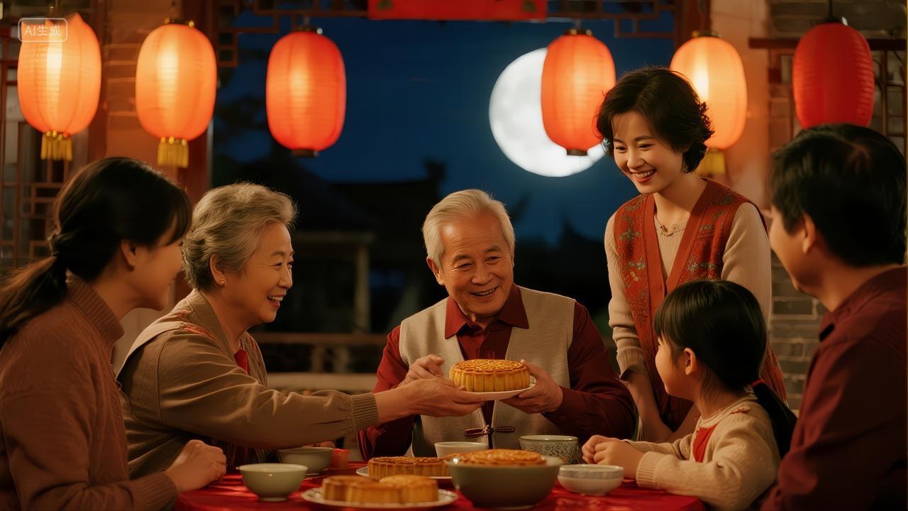 中秋节全家团圆吃月饼温馨家庭聚餐背景