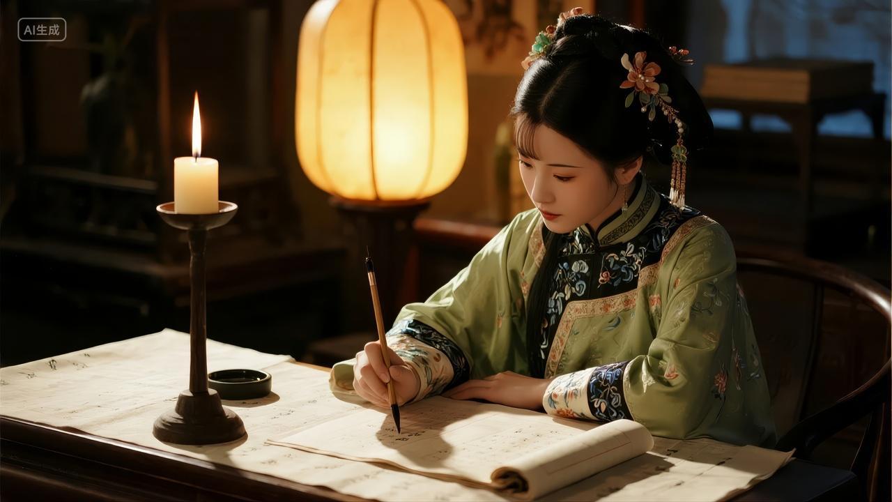 古代女子书房写字学习传统文化背景图