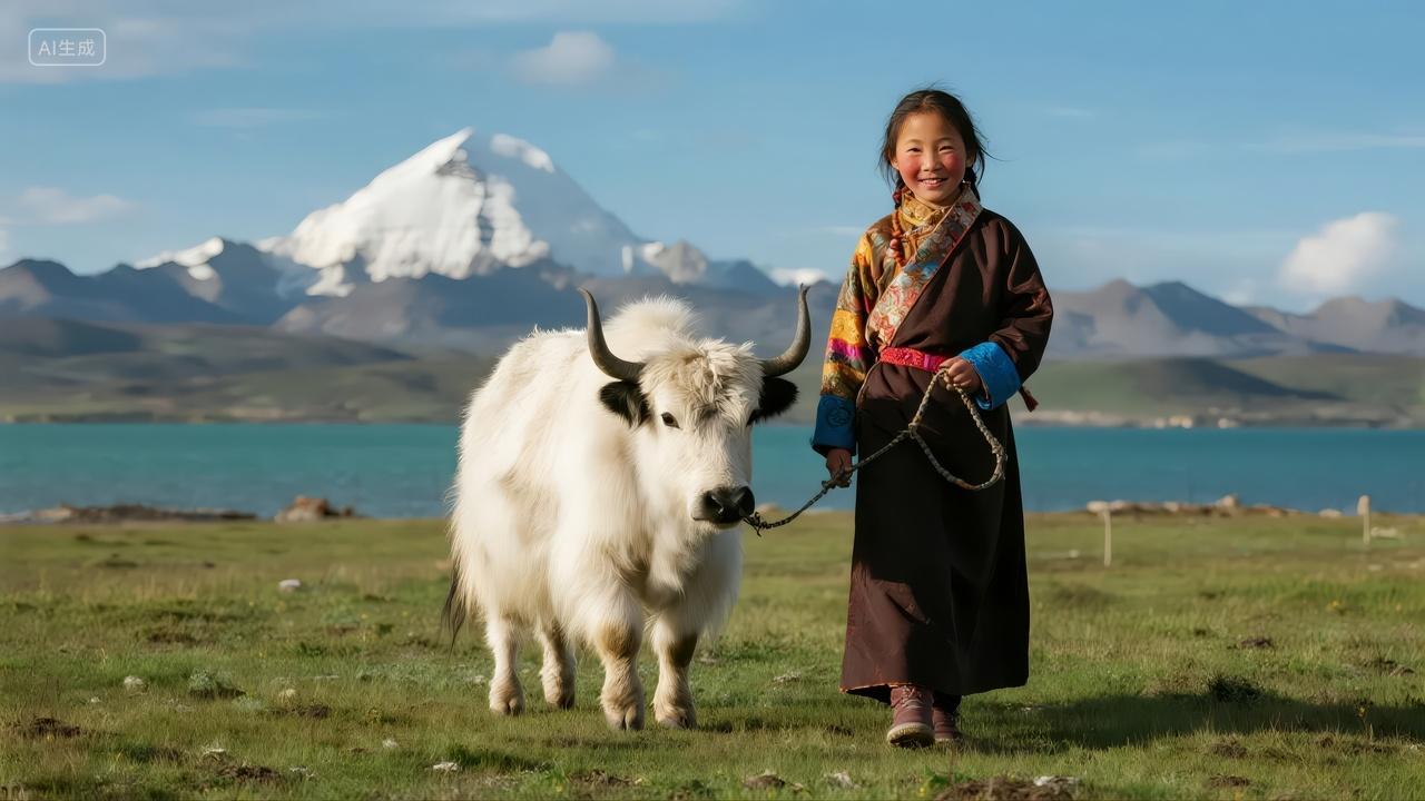 西藏女孩与牦牛高原风光人文旅游背景图