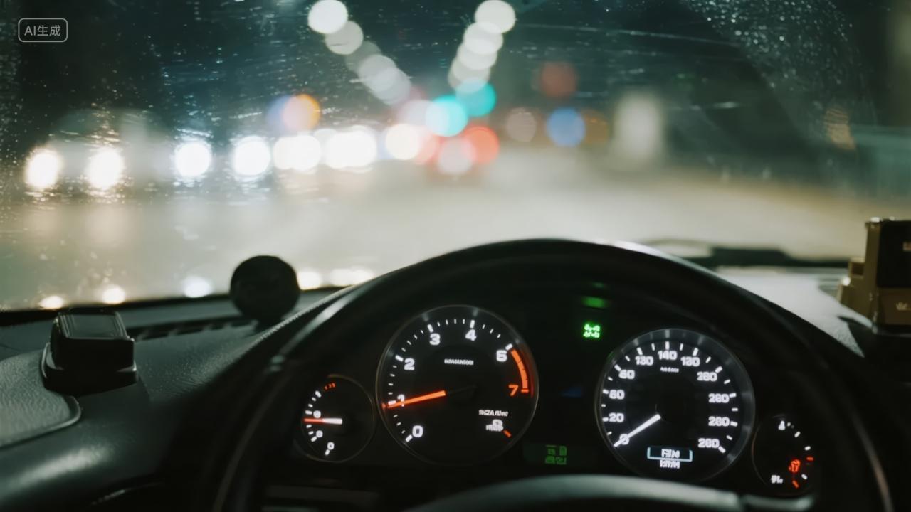 雨夜驾驶汽车第一视角交通安全背景图