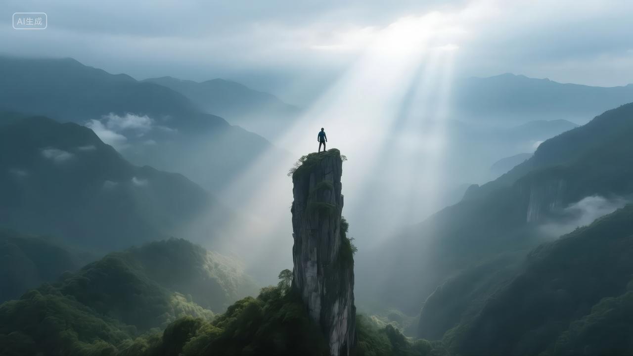 白露节气山峰云海光束希望励志风景背景