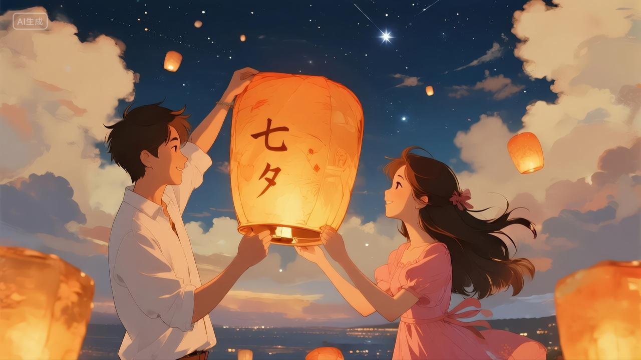 七夕节动漫情侣放天灯祈福浪漫爱情插画