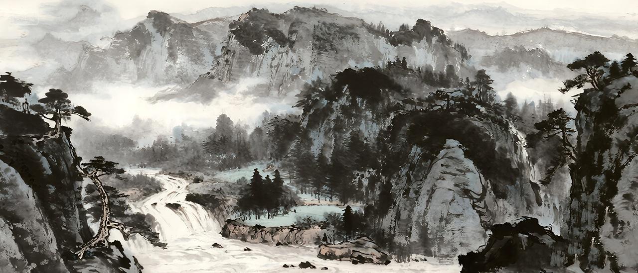 长卷轴山水水墨画青山绿水大自然风景水墨画高清印刷稿