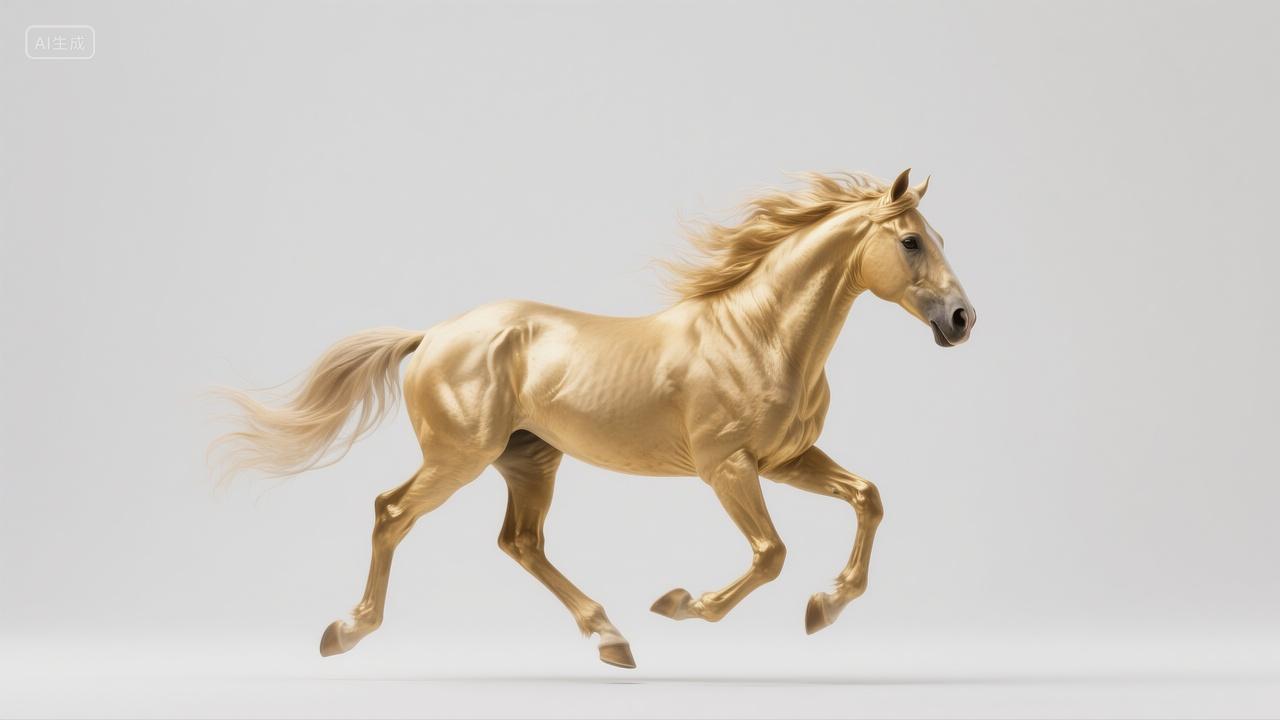 一匹金色的鬃毛飞扬奔腾向前的骏马