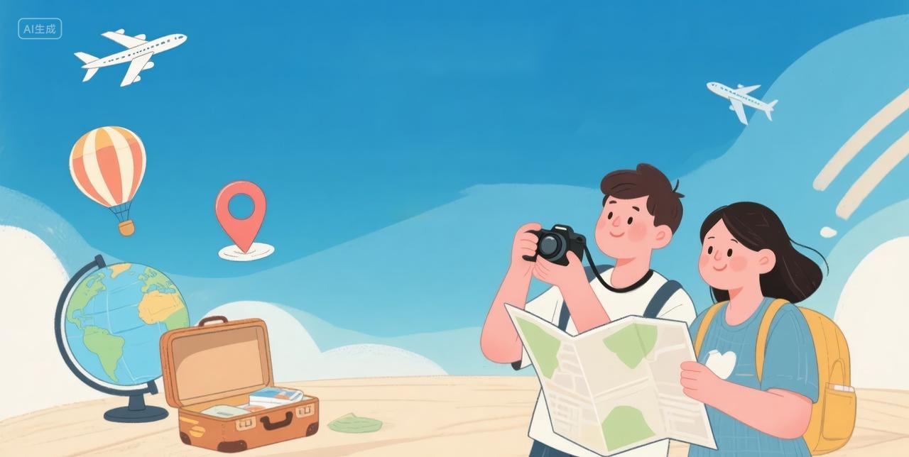 国庆节情侣暑假旅行旅游攻略插画