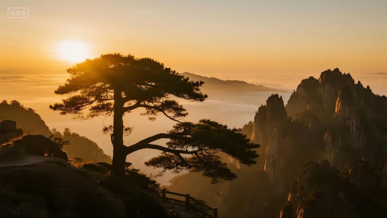 重阳节黄山迎客松日出云海壮丽风光背景