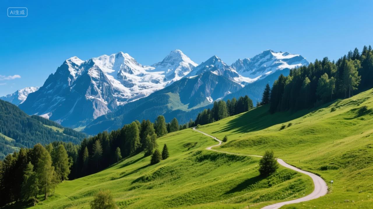 夏日瑞士山谷草地木屋田园风光旅游背景