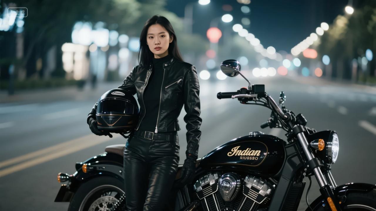 女骑手皮衣摩托车城市夜景酷炫背景图
