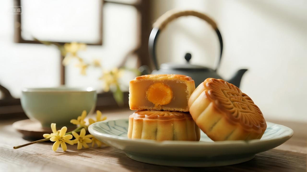 中秋节月饼茶点传统美食阖家团圆背景图