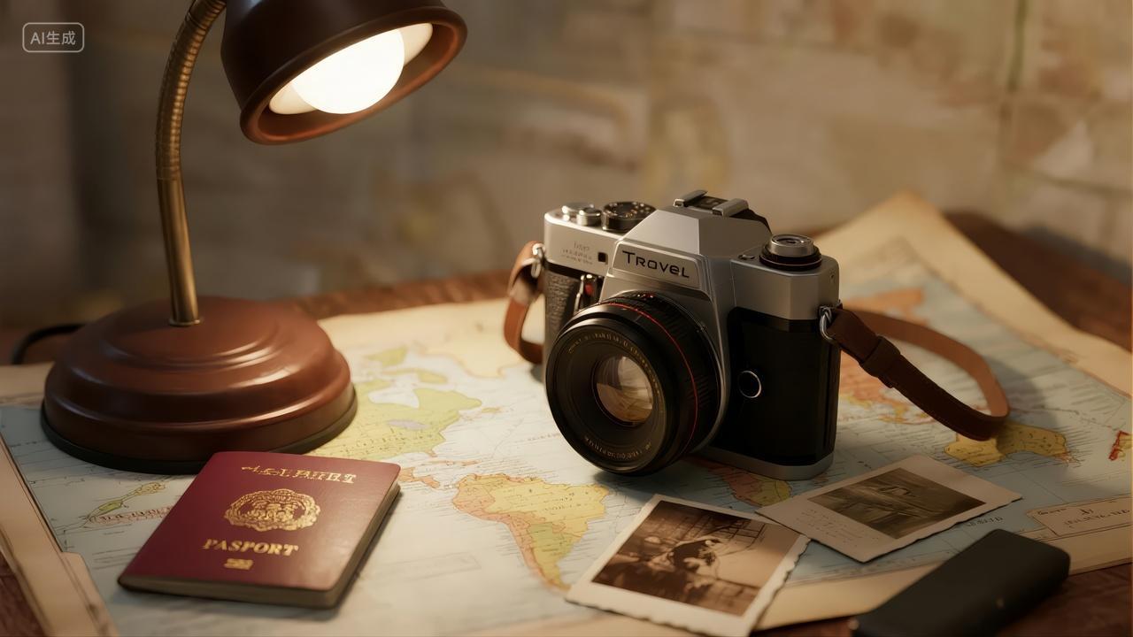 国庆节旅游计划复古相机护照旅行背景