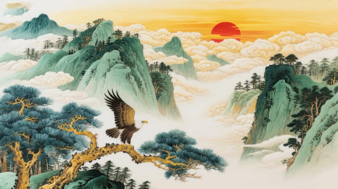 国庆节风山水画雄鹰展翅企业文化背景