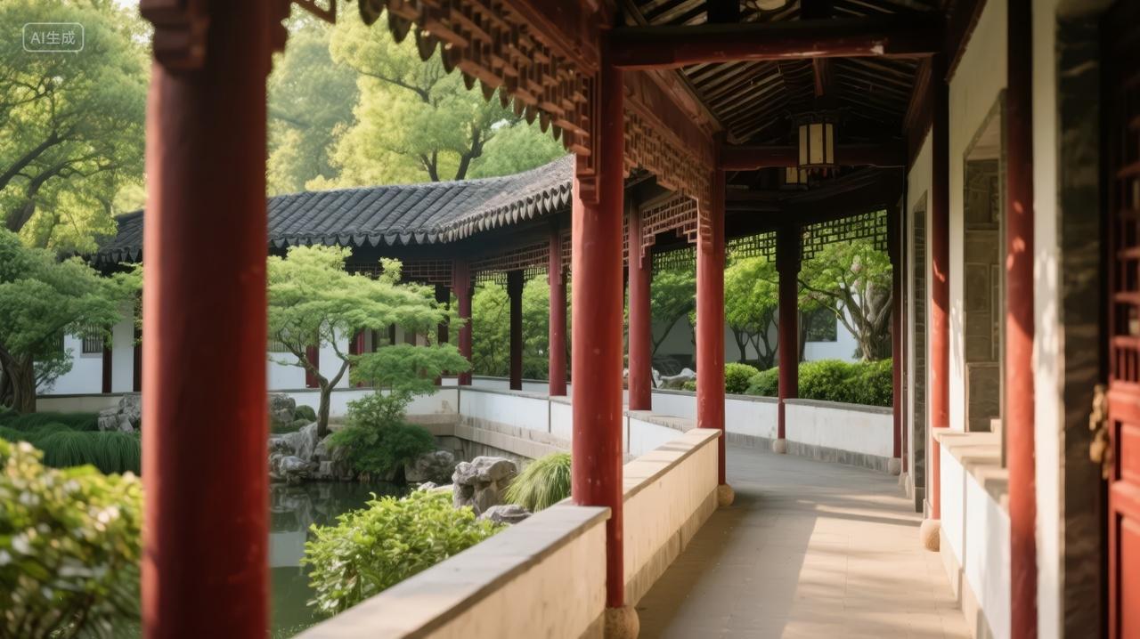 中秋节中式园林古建筑长廊旅游文化背景