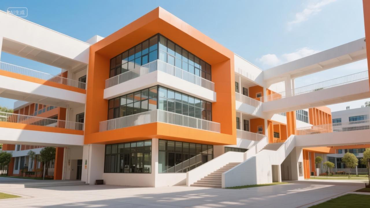 现代学校教学楼外观蓝天白云教育场景背景