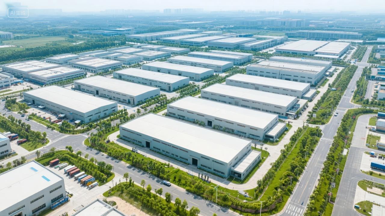航拍现代工厂仓库工业区物流园经济发展背景