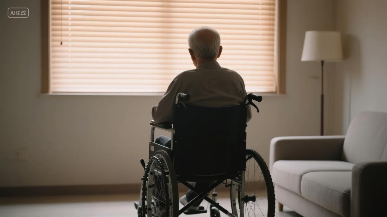 重阳节轮椅老人窗边孤独背影养老关爱背景