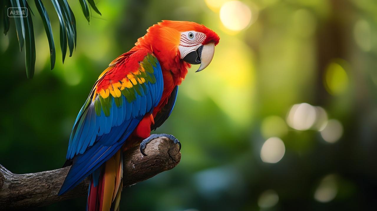 色彩斑斓的鹦鹉栖息于树枝背景绿意朦胧