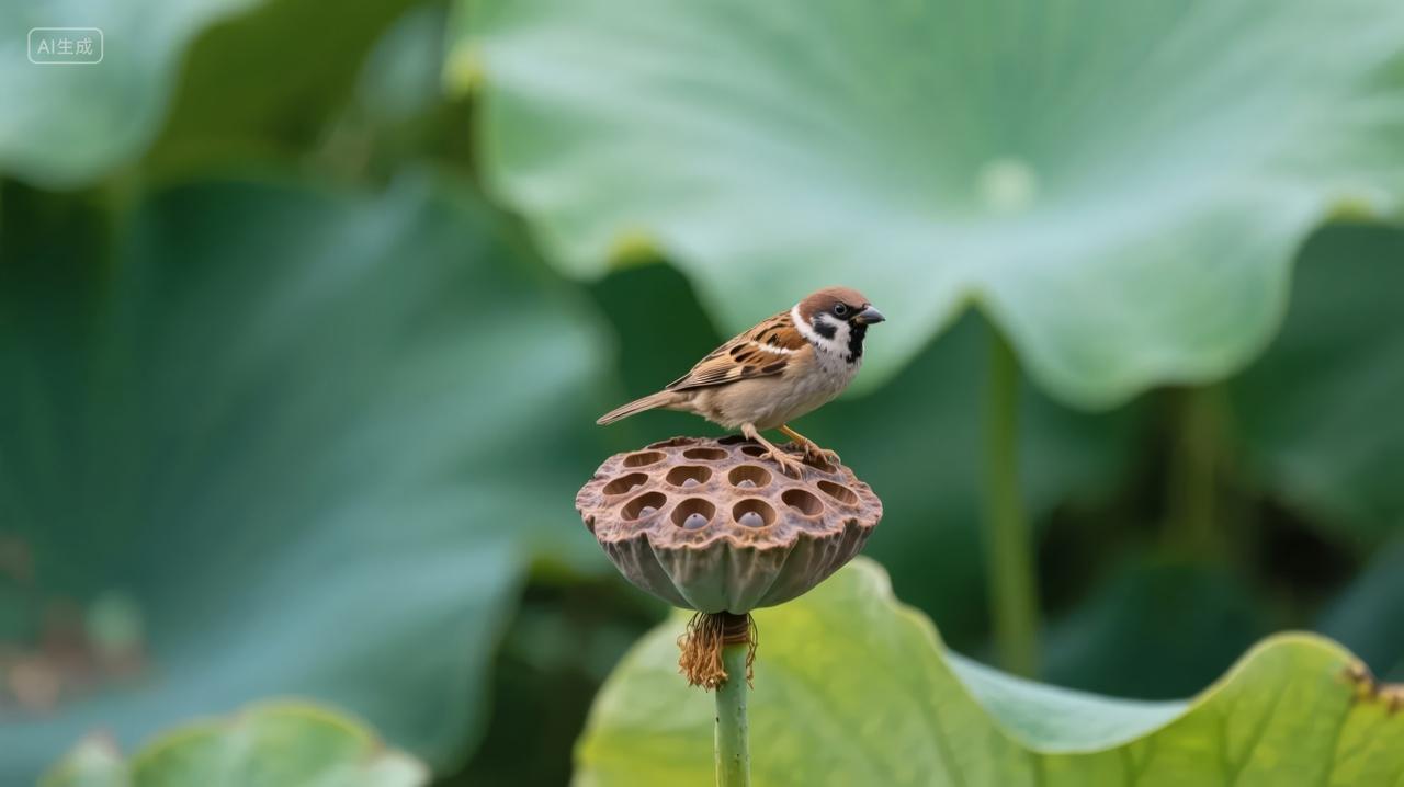 立秋节气麻雀立于莲蓬之上生态和谐背景