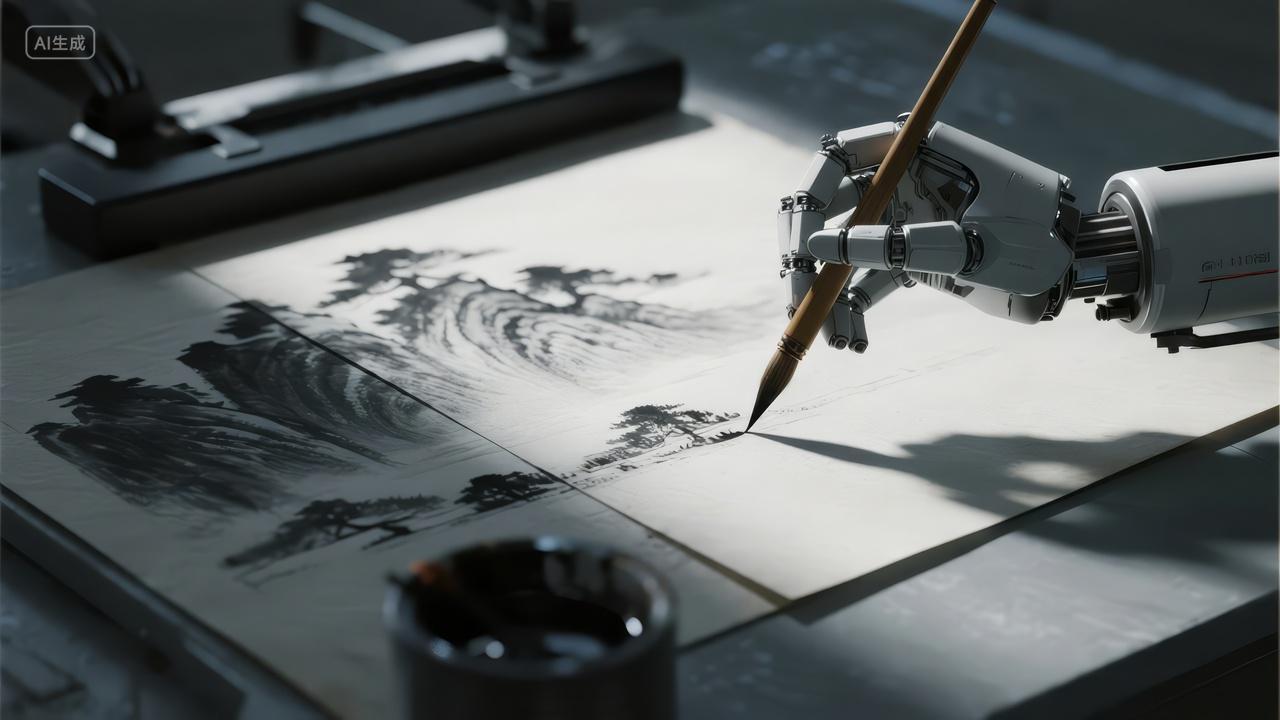 AI机器人画水墨画科技与艺术结合背景