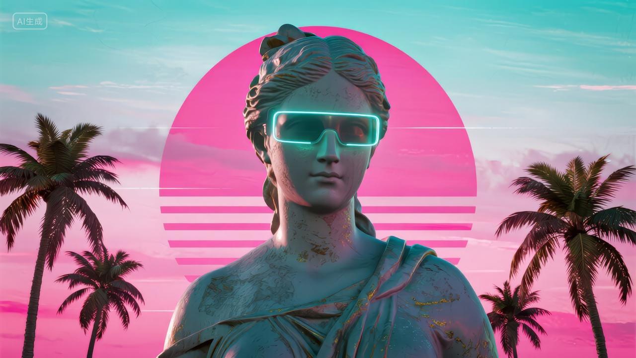 蒸汽波复古未来主义雕像VR派对海报背景