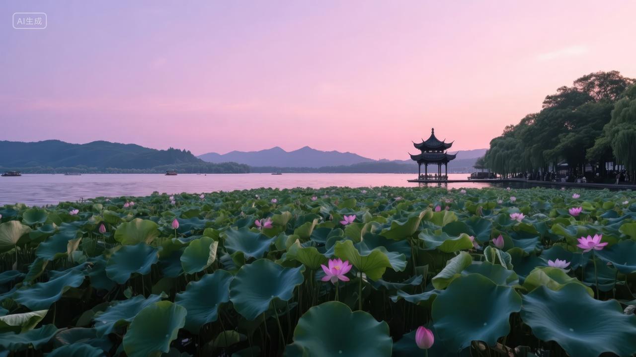 大暑节气西湖日落荷花旅游风背景图