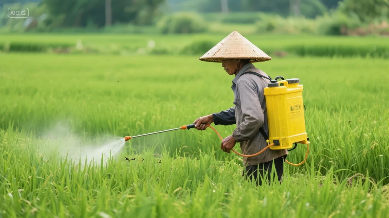 大暑节气农民水稻田喷洒农药劳动场景背景