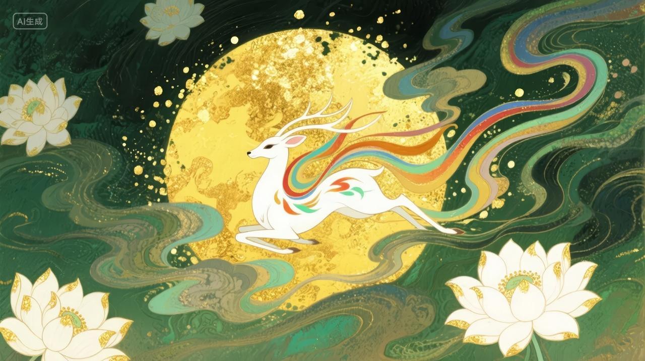中秋节秋分节气月亮神鹿插画海报背景