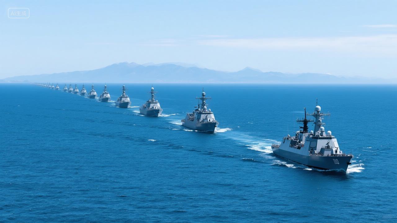 蓝色海洋上整齐列队航行的海军军舰