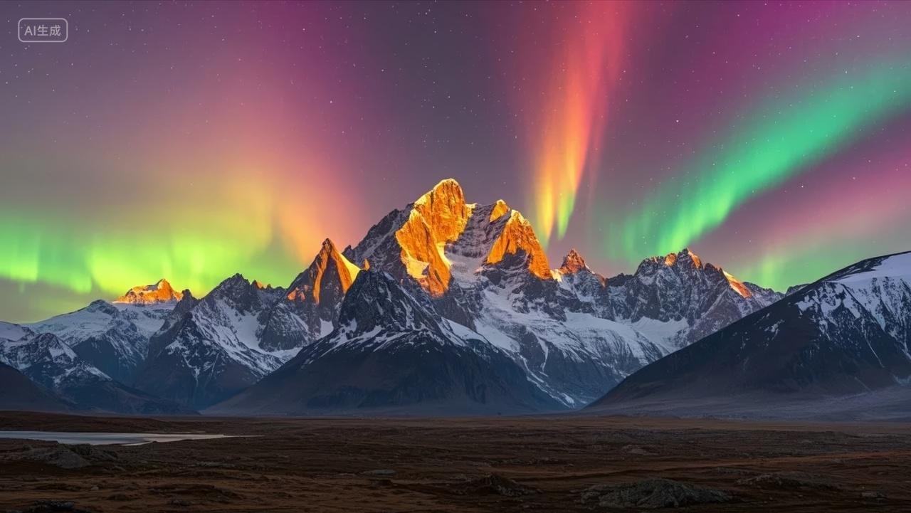 雪山极光星空壮丽夜景自然风光背景图