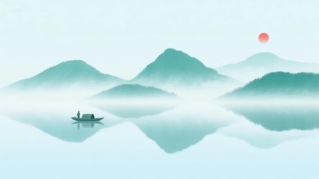 中秋节水墨山水画禅意风小船背景