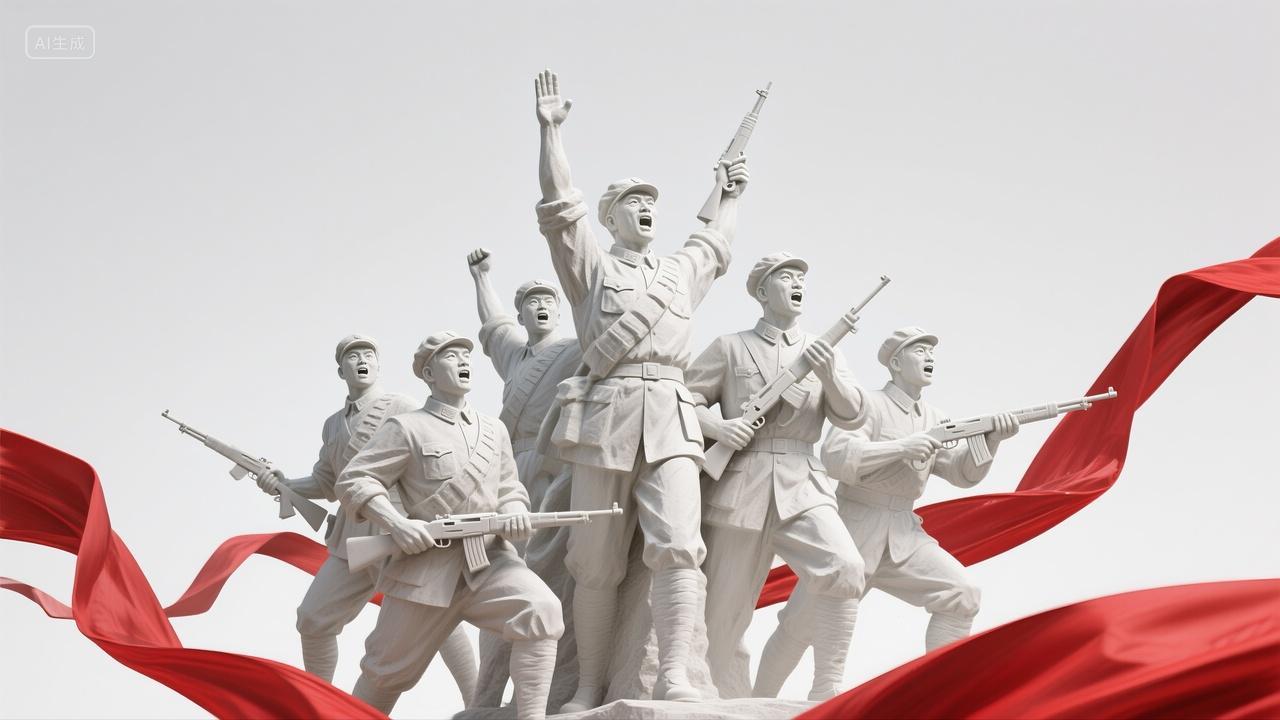 一群革命战士的雕塑建军节党政风背景