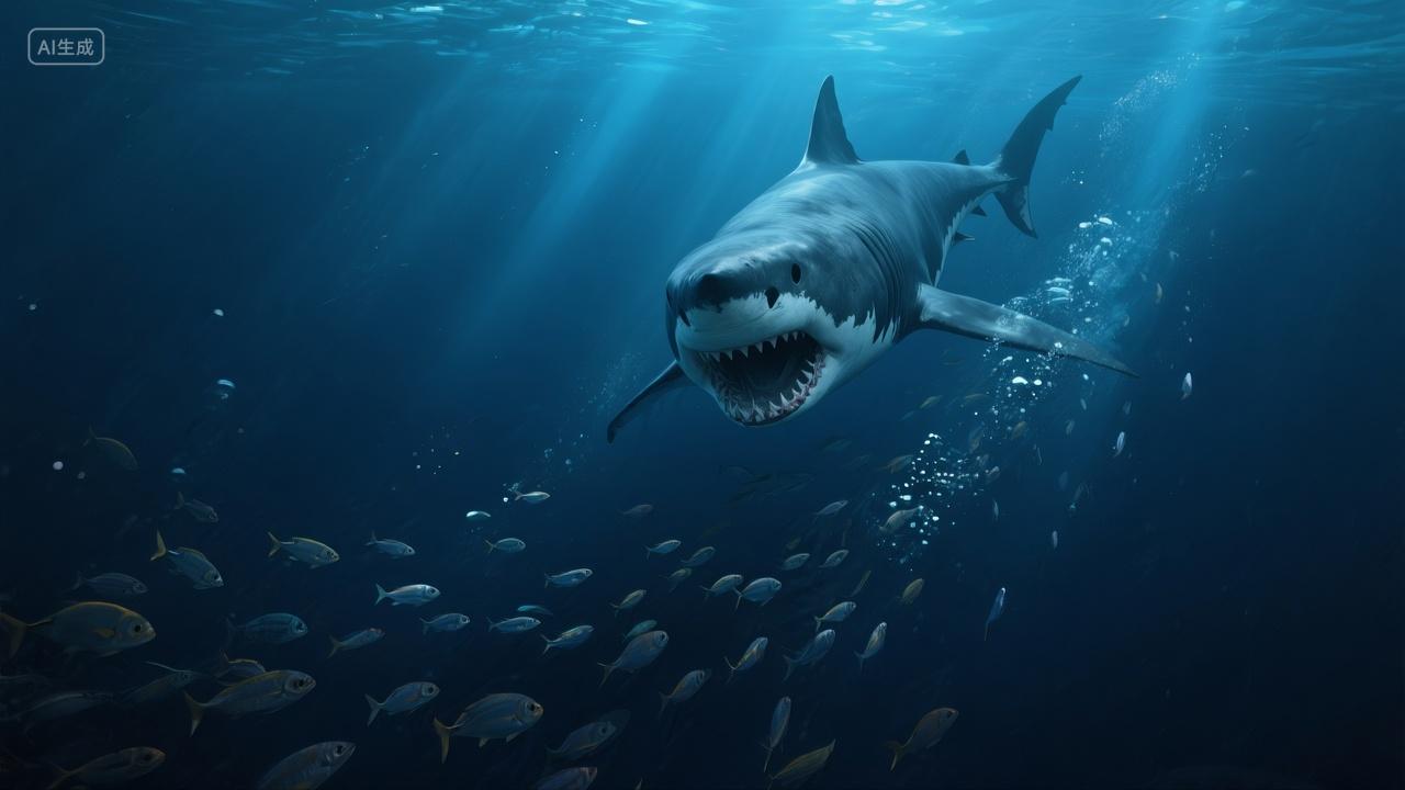 海底鲨鱼与鱼群画面