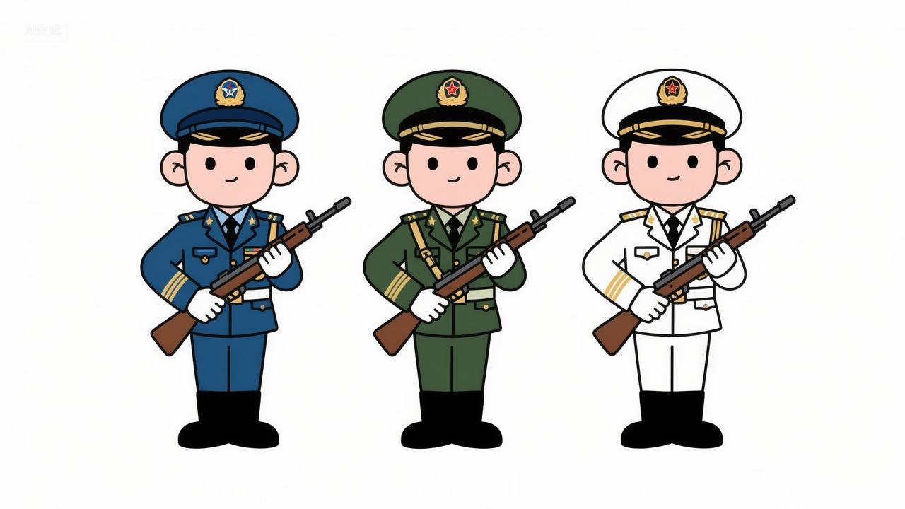 三名身着不同军装的卡通军人建军节素材