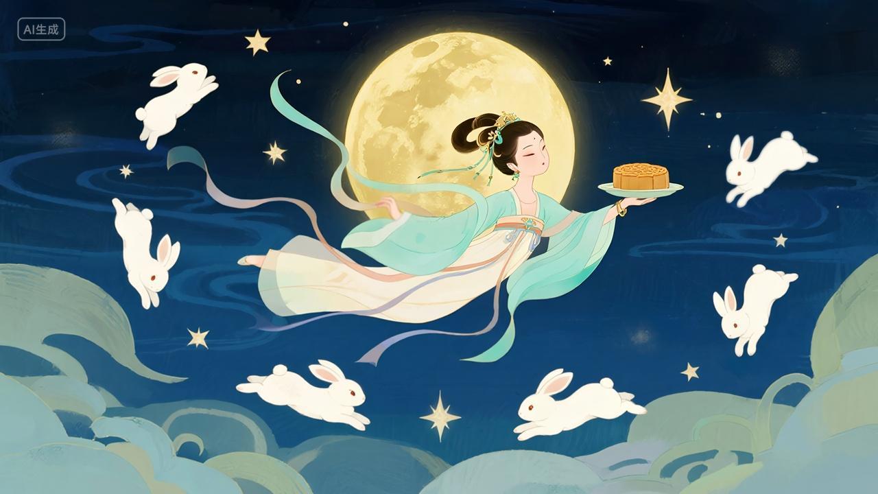 嫦娥仙子仙女玉兔月亮中秋节古典创意插画中秋宣传高清素材