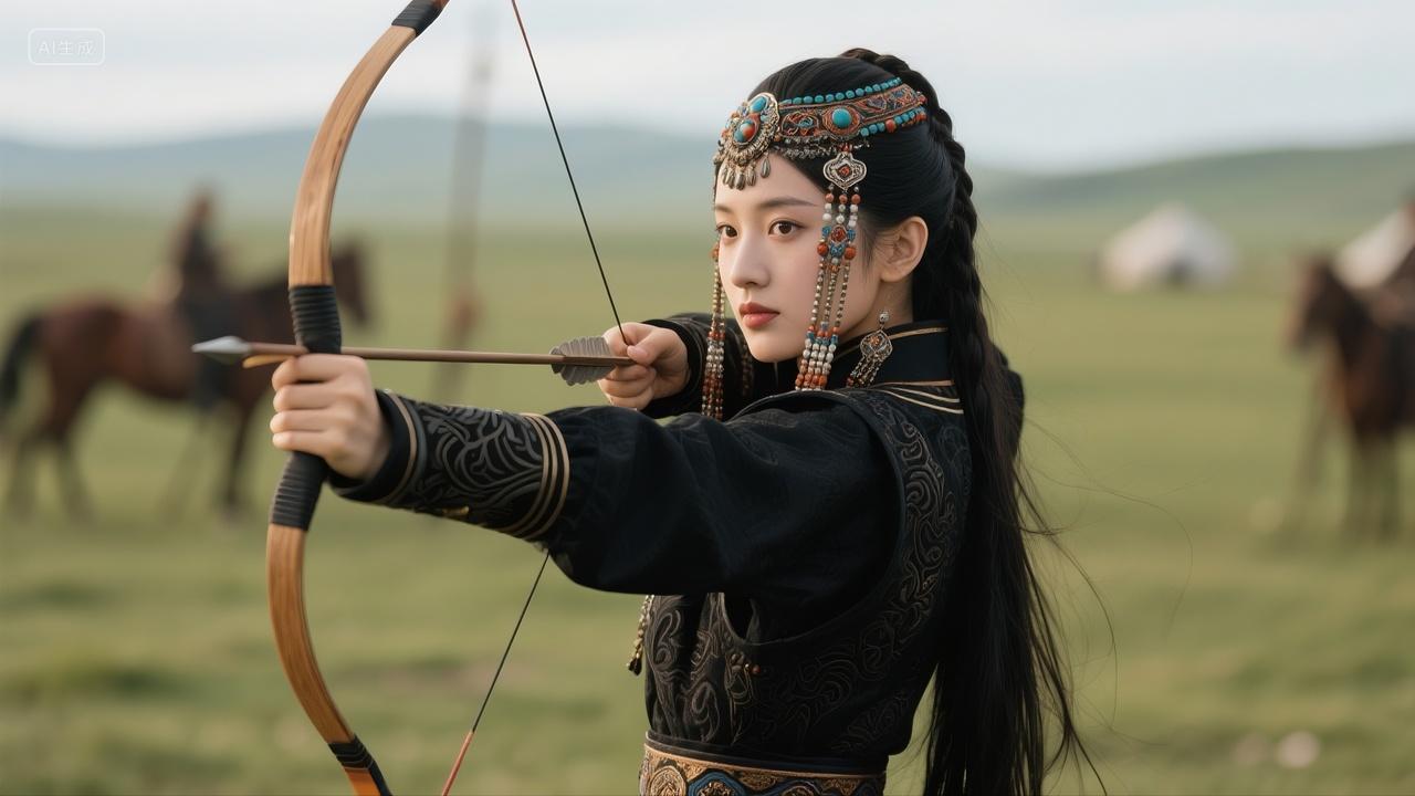 草原女子拉弓射箭