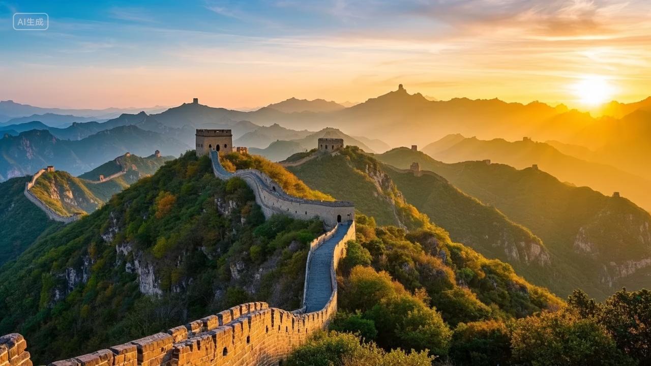 国庆节长城日出云海壮丽风光旅游背景