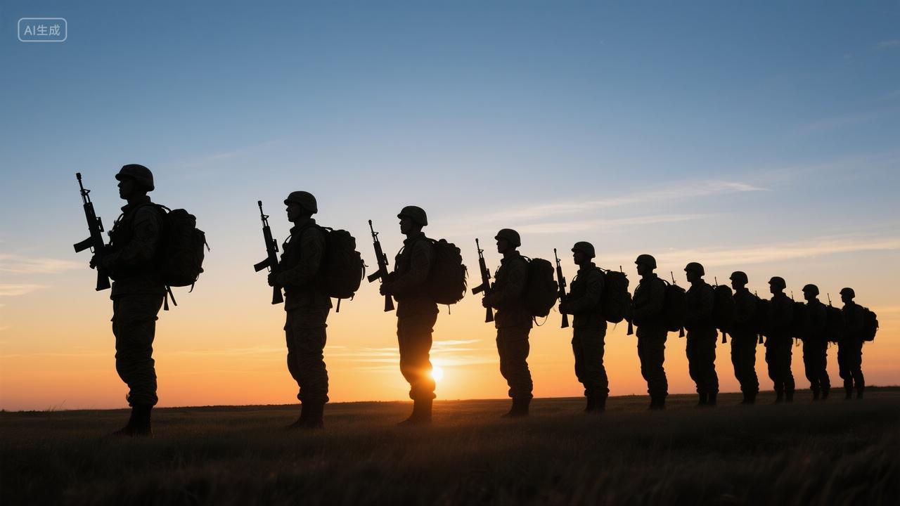 黄昏下边防士兵站岗军人剪影建军节背景