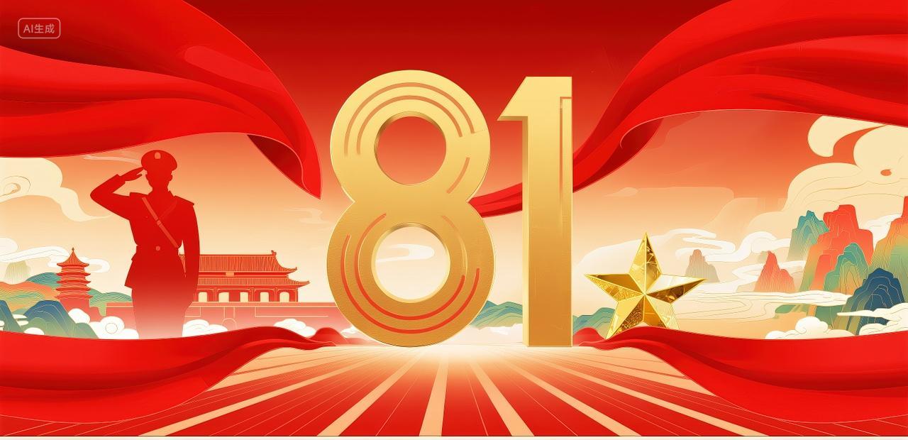 军人敬礼剪影八一建军节飘带81红色党建文化宣传海报背景