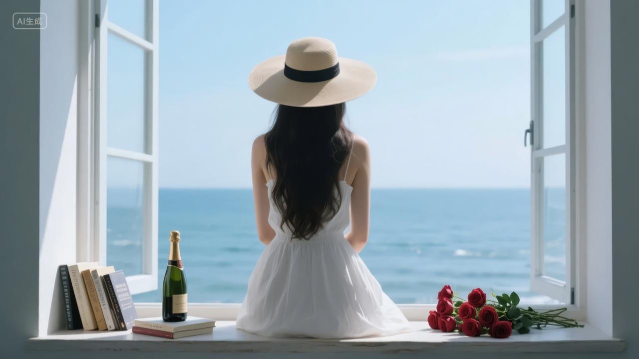 七夕节女子窗边望海思念唯美度假背景