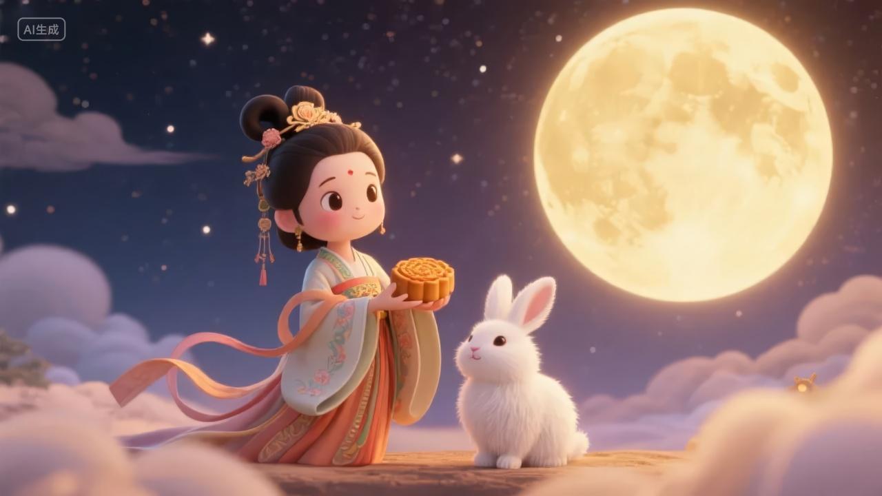 中秋节嫦娥玉兔赏月风唯美插画背景