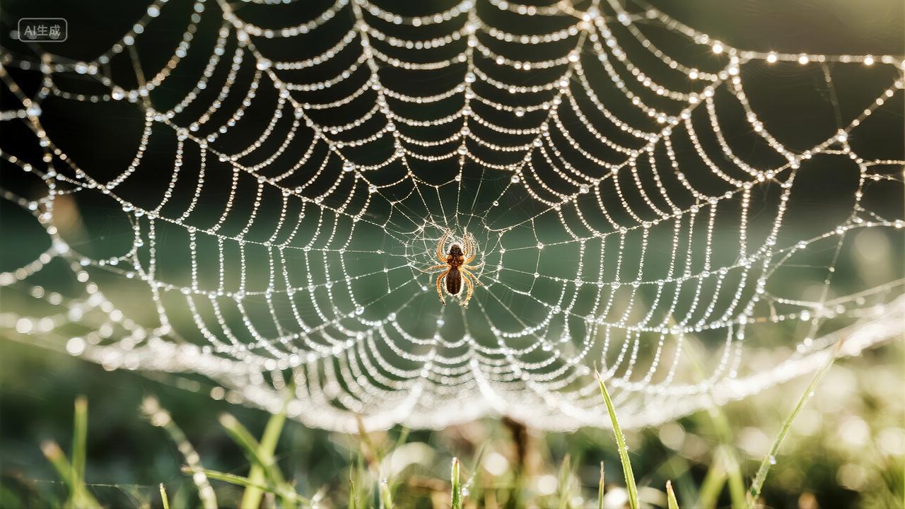 处暑节气蜘蛛网露珠清晨自然微距背景图