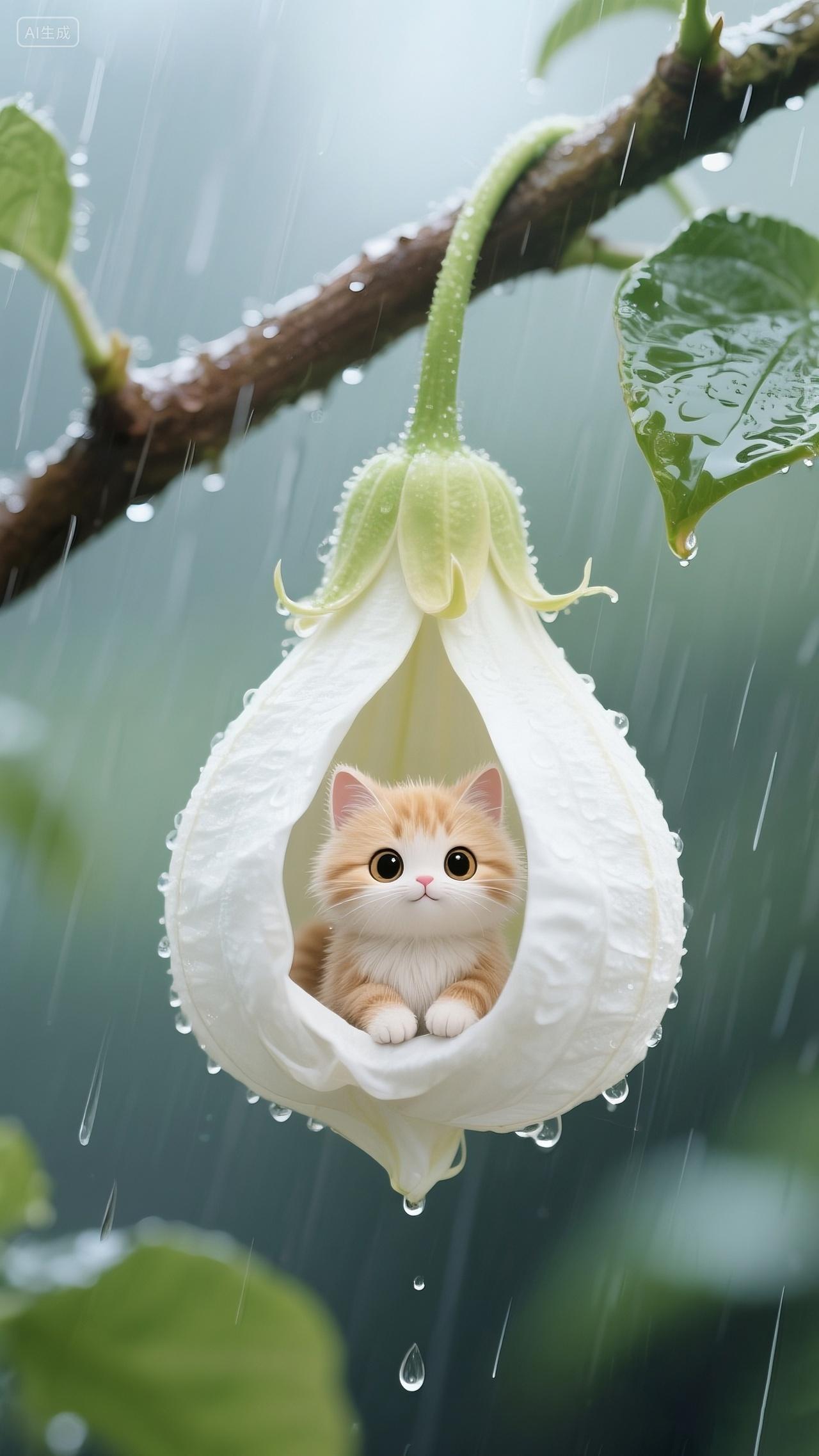 手机壁纸清新绿色护眼小猫咪在花里