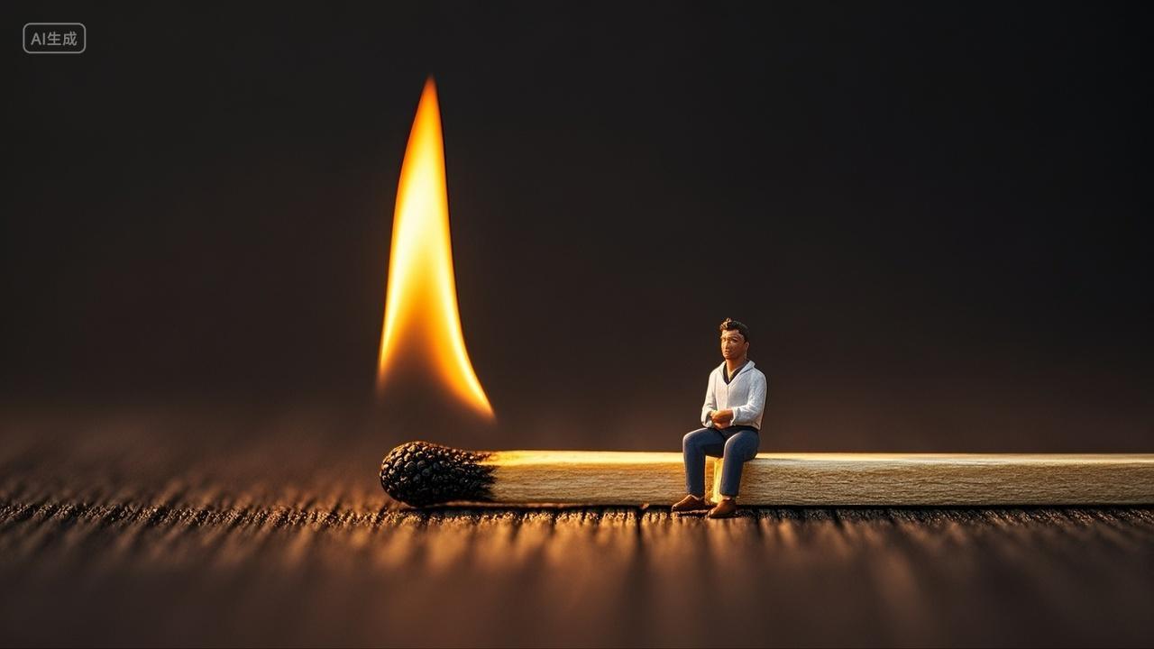 微缩人物坐于燃烧火柴上