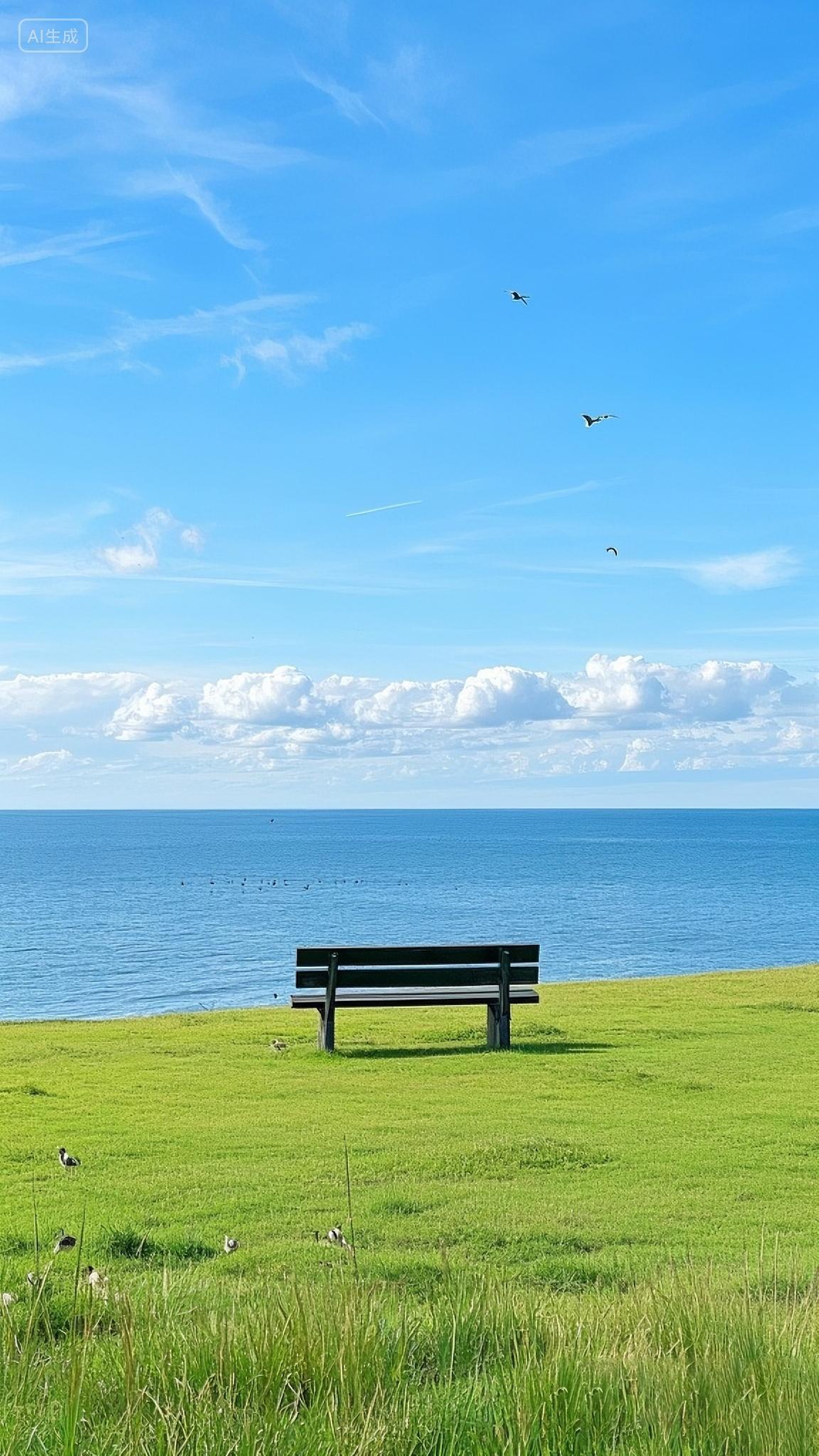 手机壁纸海边的长奇草地蓝天白云大海