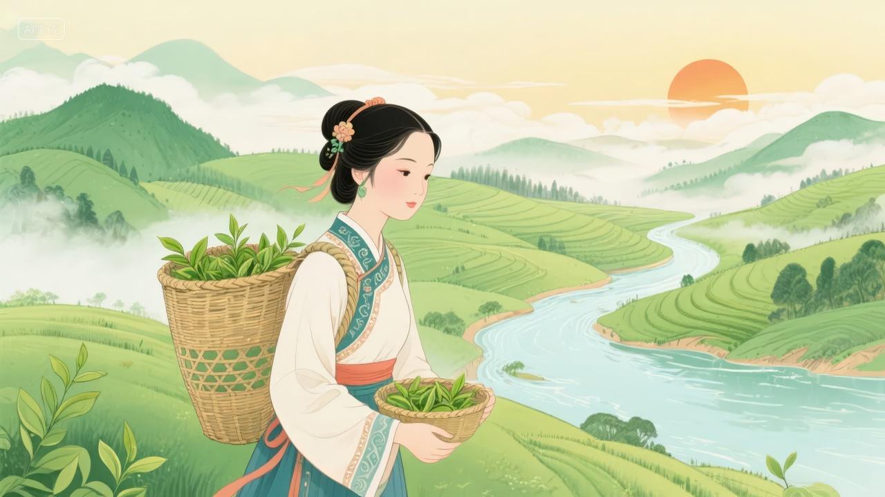 采茶女茶园风光插画茶文化旅游宣传背景
