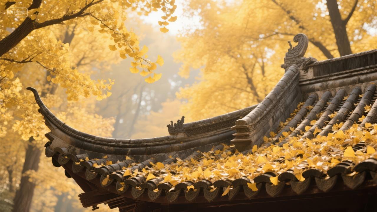 霜降节气古建筑银杏落叶文化旅游背景