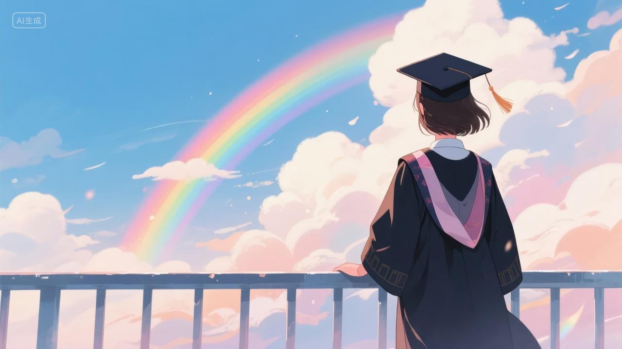 毕业季女孩展望未来彩虹梦想插画背景